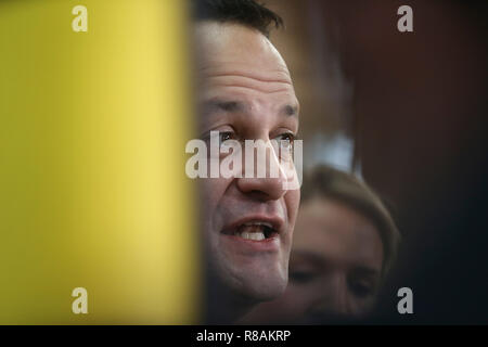 Brussels, Belgium. 14th Dec, 2018. Irish Prime Minister Leo Varadkar speaks to media upon his arrival at the second day of an EU summit in Brussels, Belgium, Dec. 14, 2018. Credit: Ye Pingfan/Xinhua/Alamy Live News Stock Photo