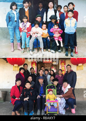 (181214) -- BEIJING, Dec. 14, 2018 (Xinhua) -- The upper part of this combo photo taken on Oct. 2, 1993 shows two-year-old Liu Yunhan (2nd R, carried by her grandmother) and her family posing for a group photo in Guoyuan Village in southwest China's Sichuan Province.    The lower part of the combo photo taken by Jiang Hongjing on Feb. 17, 2018 shows Liu Yunhan (3rd R rear) posing with her family in front of their renovated house.  Liu now works as a public servant.  (Xinhua) (wyl) Stock Photo