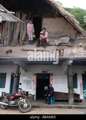 (181214) -- BEIJING, Dec. 14, 2018 (Xinhua) -- The upper part of this combo photo taken on May 25, 2005 by Jiang Enyu shows 28-year-old farmer Fu Wenjing posing for a photo with his family in front of their thatched roof house in Fanglao Village of Nankai Township in Baisha Li Autonomous County, south China's Hainan Province.    The lower part of the combo photo taken by Yang Guanyu on March 8, 2018 shows 41-year-old Fu Wenjing sitting in front of his brick house. (Xinhua) (ly) Stock Photo