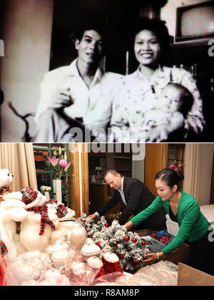 (181214) -- BEIJING, Dec. 14, 2018 (Xinhua) -- The upper part of this combo photo taken in 1981 shows a photo of Liu Yu with her parents in Guiping of south China's Guangxi Zhuang Autonomous Region.     The lower part of the combo photo taken by Fang Zhe on Dec. 3, 2018 shows 37-year-old Liu Yu and her husband arranging festival decorations at their restaurant in Shanghai, east China. Liu went to France to study dance in 2003. She returned to China with her French husband and their children in 2012 and began running their restaurant in Shanghai. (Xinhua) Stock Photo