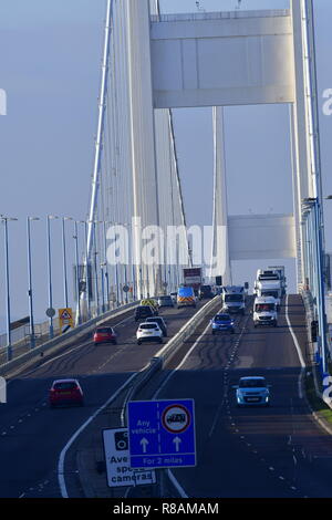 Severn Bridge, Gloucestershire, South East Wales, UK. 14th Dec 2018. Severn Bridge Tolls are to be scrapped this coming Monday. Work is to be carried out over the weekend to remove the Tolls  Booths for all traffic heading from England into Wales. Pictures show traffic on the England side waiting to pass tolls which are payable into Wales on a busy Friday afternoon. Robert Timoney/Alamy/Live/News Credit: Robert Timoney/Alamy Live News Stock Photo