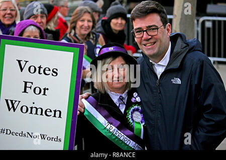 Manchester, UK. 14th Dec 2018. Manchester Mayor Andy Burnham attends the unveiling of a statue of Suffragette Emmeline Pankhurst by sculpture designer Hazel Reeves. The day marks 100 years since Women won the vote.Manchester, UK, 14th December 2018 Credit: Barbara Cook/Alamy Live News Stock Photo