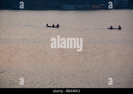 Silhouetted Kashmiri boatmen are seen rowing their boats during sunset at the Nigeen Lake in Srinagar. The state of Jammu and Kashmir is divided into three provinces Jammu, Kashmir and Ladakh. Jammu known as the City of temples is famous for its beautiful temples and Basmati rice. Kashmir valley, often referred to as 'paradise on earth' is a famous tourist destination. Ladakh province is essentially a high altitude cold desert and the most sparsely populated of the three regions. Stock Photo