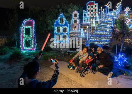 Los Angeles, USA. 14th Dec, 2018. People pose for photos at a Christmas-themed light show in Los Angeles, the United States, Dec. 14, 2018. Credit: Qian Weizhong/Xinhua/Alamy Live News Stock Photo