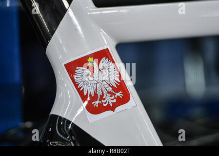 London, UK. 15th December, 2018. The Polish national flag is printed  on Polish team bike during Tissot UCI Track Cycling World Cup IV at Lee Valley VeloPark on Saturday, 15 December 2018. LONDON ENGLAND.  (Editorial use only, license required for commercial use. No use in betting, games or a single club/league/player publications.) Credit: Taka Wu/Alamy Live News Stock Photo