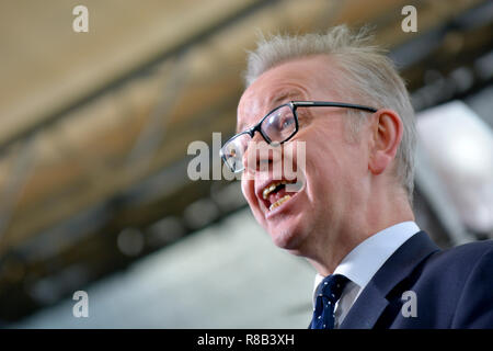 Michael Gove MP (Con: Surrey Heath) on College Green, Westminster, to discuss the vote of confidence in Theresa May's leadership of the Conservative P Stock Photo