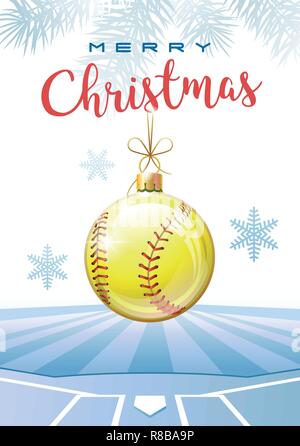 Merry Christmas. Sports greeting card. Realistic softball ball in the shape of a Christmas ball. Vector illustration. Stock Vector