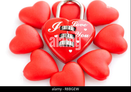 Padlock heart-shape with red hearts on white background Stock Photo