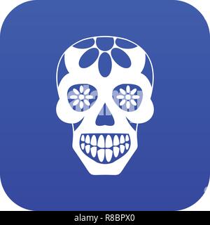 Sugar skull, flowers on the skull icon digital blue Stock Vector