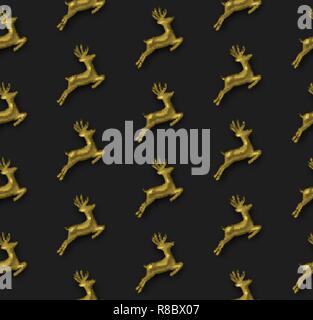 Merry Christmas seamless pattern, gold realistic 3d reindeer ornament on black background. Deer holiday layout backdrop. Stock Vector