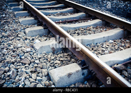 Railway in fog on station, outdoor landscape Stock Photo