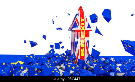 brexit british flag arrow cracks european flag in piecies isolated background - 3d rendering Stock Photo