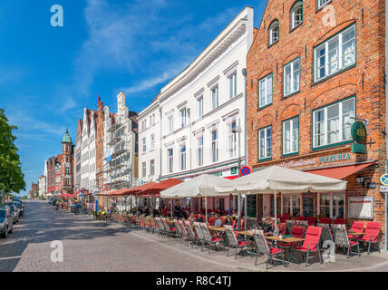 Cafe by the River Trave, An der Obertrave, Lubeck, Schleswig-Holstein, Germany Stock Photo