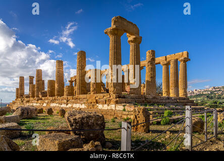 Ruined Temple of Heracles columns in famous ancient Valley of Temples, Agrigento, Sicily, Italy. UNESCO World Heritage Site. Stock Photo