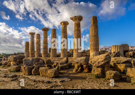 Ruined Temple of Heracles columns in famous ancient Valley of Temples, Agrigento, Sicily, Italy. UNESCO World Heritage Site. Stock Photo