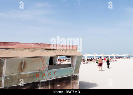 Patio Umbrellas at Saadiyat Public Beach Abu Dhabi, UAE Stock Photo