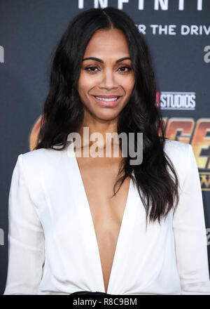 HOLLYWOOD, LOS ANGELES, CA, USA - APRIL 23: Zoe Saldana at the World Premiere Of Disney And Marvel's 'Avengers: Infinity War' held at the El Capitan Theatre, Dolby Theatre and TCL Chinese Theatre IMAX on April 23, 2018 in Hollywood, Los Angeles, California, United States. (Photo by Xavier Collin/Image Press Agency) Stock Photo