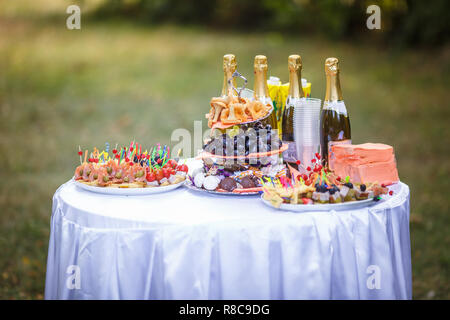 Decorated beautiful table at the celebration in park. Wedding. Birthday. Romantic dinner in garden. Anniversary. Beautiful glassware. Sunlight. Stock Photo