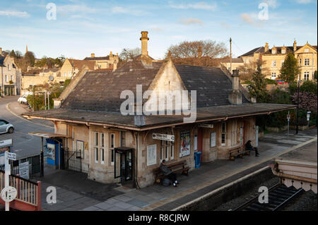 GWR architecture at Bradford on Avon railway station from footbridge over railway lines. Stock Photo
