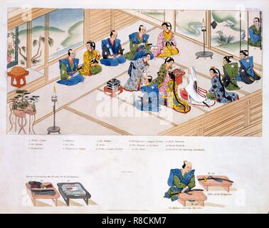 Japanese Marriage: the two families meeting, with mediator; pub. 1824. Creator: Japanese School (19th century). Stock Photo