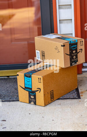 Lancaster, PA, USA - December 13, 2018:  Two cartons from Amazon Prime delivered to a residential address. Stock Photo