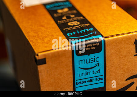 Lancaster, PA, USA - December 13, 2018:  Close up of shipping tape on an Amazon box showing Prime delivery service. Stock Photo