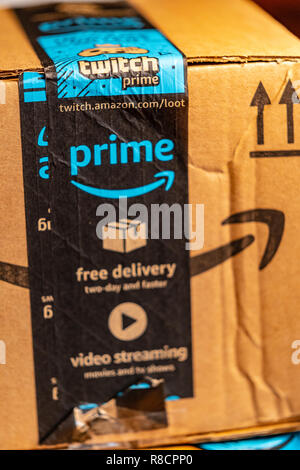 Lancaster, PA, USA - December 13, 2018:  Close up of shipping tape on an Amazon box showing Prime delivery service. Stock Photo