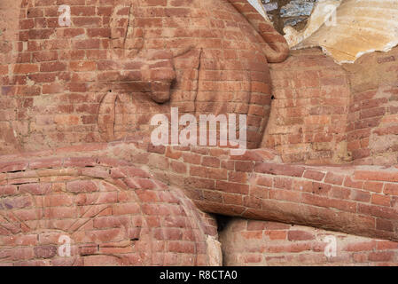 Close-up view of the sleeping buddha's face in Polonnaruwa, Sri Lanka. Stock Photo