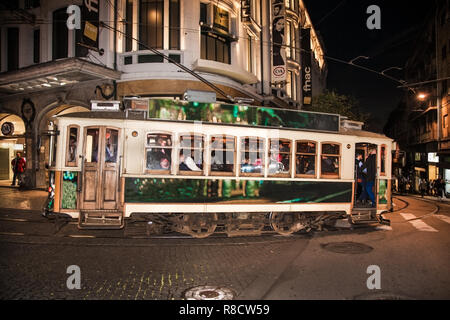 Lisbon, Portugal- Nov 2, 2018: Famous vintage  tram of of Alfama, in the oldest district of the Old Town, at night, Lisbon, Portugal Stock Photo