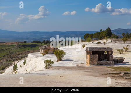 White travertines in the ancient city of Hierapolis in Pamukkale, Turkey Stock Photo