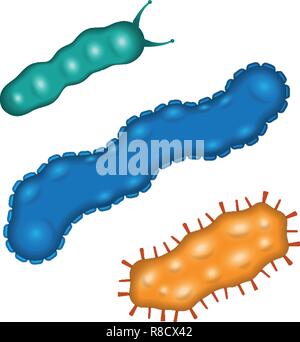 Bacteria and germs colorful set, micro-organisms disease-causing objects, different types, bacteria, viruses, fungi, protozoa. Vector flat style carto Stock Vector