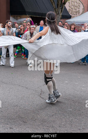 McMinnville, Oregon,USA - May 16, 2015: Portland's Marching Band, LoveBomb Go-Go, puts on a show at the Annual UFO Fest. Brass section of band perform Stock Photo