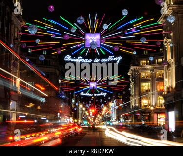 2018 Christmas lights along Oxford Street Toward Oxford Circus, Soho, London, UK. Stock Photo