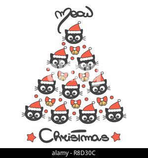 cute hand drawn lettering meow christmas vector holiday card with cartoon cat wearing Santa's hat tree Stock Vector