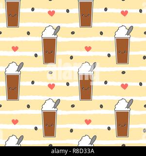 Cute funny cartoon vector glass of mocha coffee with whipped cream seamless vector pattern background illustration Stock Vector