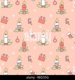 cute seamless vector pattern background illustration with christmas candles, candy cane, gift box, sock, holly and other holidays decorative elements Stock Vector