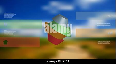 3D illustration infographic template. The round octagon is divided to four color parts. Object is askew arranged on blurred photo background. Color ba Stock Vector