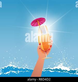 Tropical cocktail in woman's hand at sea side. Vector illustration. Stock Vector