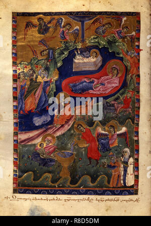 The Nativity of Christ (Manuscript illumination from the Matenadaran Gospel), 1314. Stock Photo