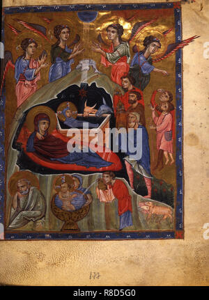 The Nativity of Christ (Manuscript illumination from the Matenadaran Gospel), 1268. Stock Photo