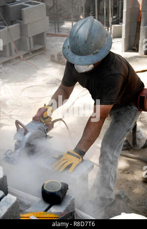 cutting cider blocks with a diamond blade Stock Photo