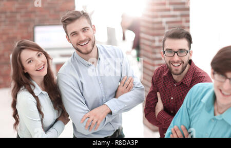 Smiling american team discussing business project during coffee  Stock Photo