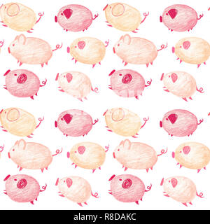 Seamless pattern with funny cartoon pink and orange pigs. 2019 year of the pig on the Chinese calendar. Hand-drawn dry pastel. Stock Photo