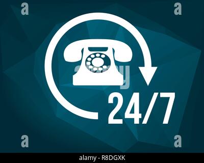 24/7 concept icon. White vintage phone icon with 24/7 customer support, customer service, call center, concept. Abstract blue low poly background. Stock Vector
