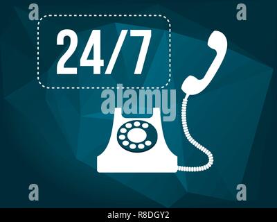 24/7 concept icon. White vintage phone with cord icon. 24/7 Customer support,customer service, call center, concept. Abstract blue low poly background Stock Vector