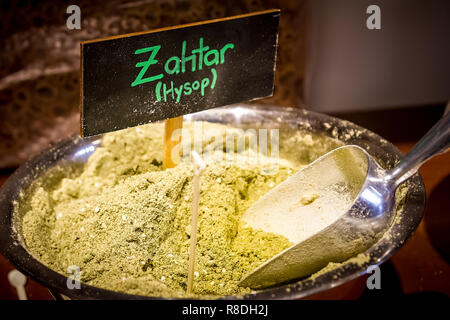 Zahtar or Zahtar. Arabic spice mixture of hyssop, sumac, sesame and salt, used in Middle Eastern. Stock Photo