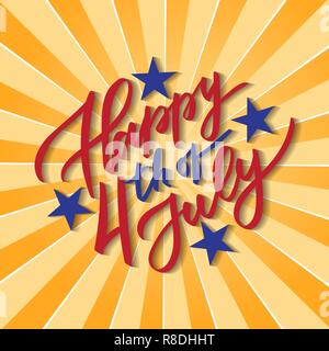 Happy 4th of July - hand-writing, calligraphy, typography, lettering. Yello ray background. For greeting card, badge, label, banner, poster, sticker. Stock Vector