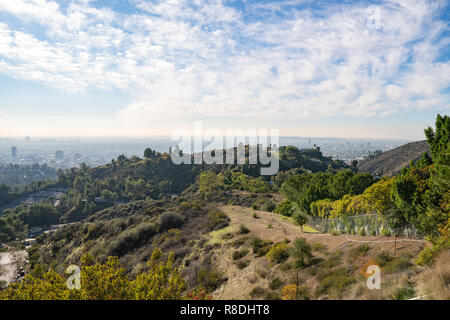 View of Los Angeles from the Hollywood Hills. Down Town LA. Hollywood Bowl. Warm sunny day. Beautiful clouds in blue sky. 101 freeway traffic Stock Photo