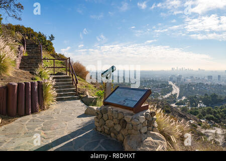 View of Los Angeles from the Hollywood Hills. Down Town LA. Hollywood Bowl. Warm sunny day. Beautiful clouds in blue sky. 101 freeway traffic. Stock Photo