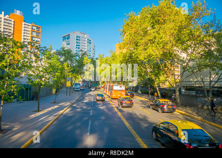 SANTIAGO DE CHILE, CHILE - OCTOBER 16, 2018: Traffic on Avenida Libertador Bernardo O'Higgins avenue in Santiago, Chile